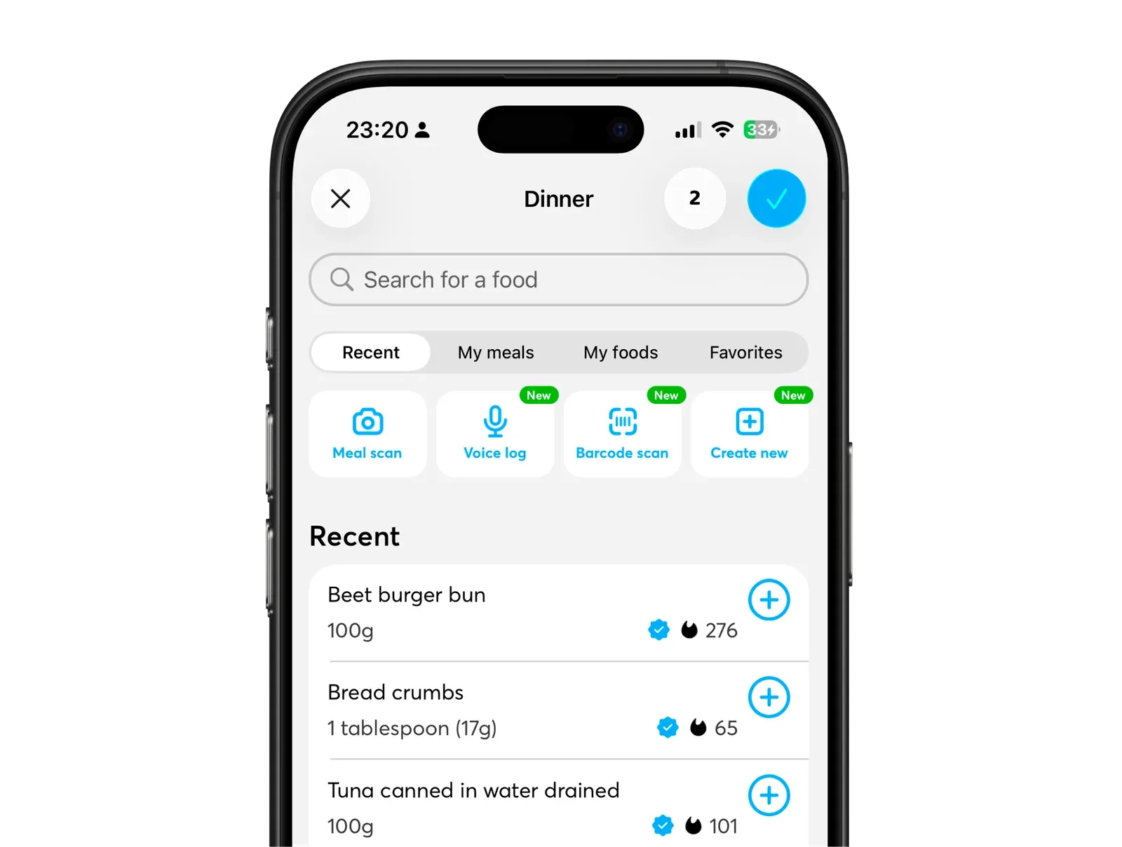 Logging a meal by photo, voice, barcode or search
